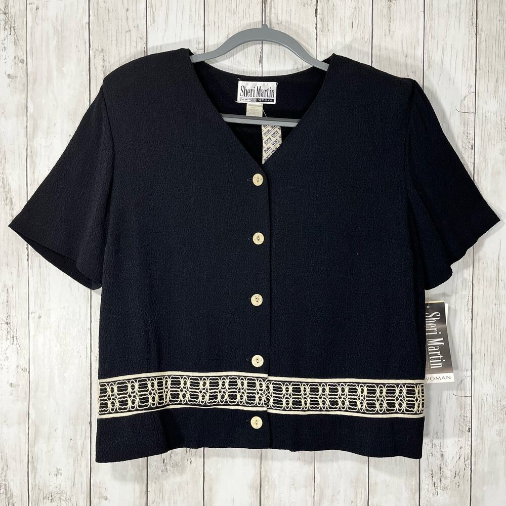 Vintage Sheri Martin Black V-Neck Blouse 14 USA Embroidered Retro Goth 80s